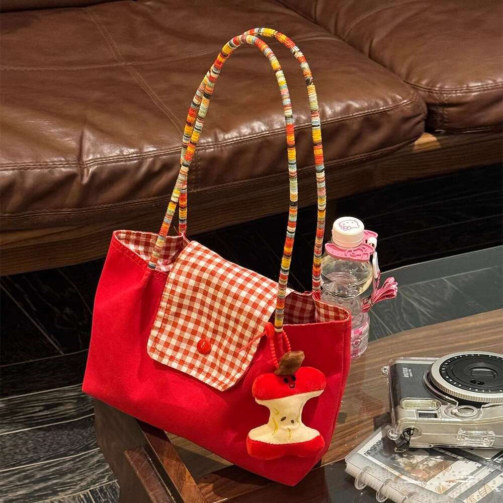 Red Plaid Canvas Large Capacity Commuting Korean Lazy Style Outing Shoulder Tote Bag for Women