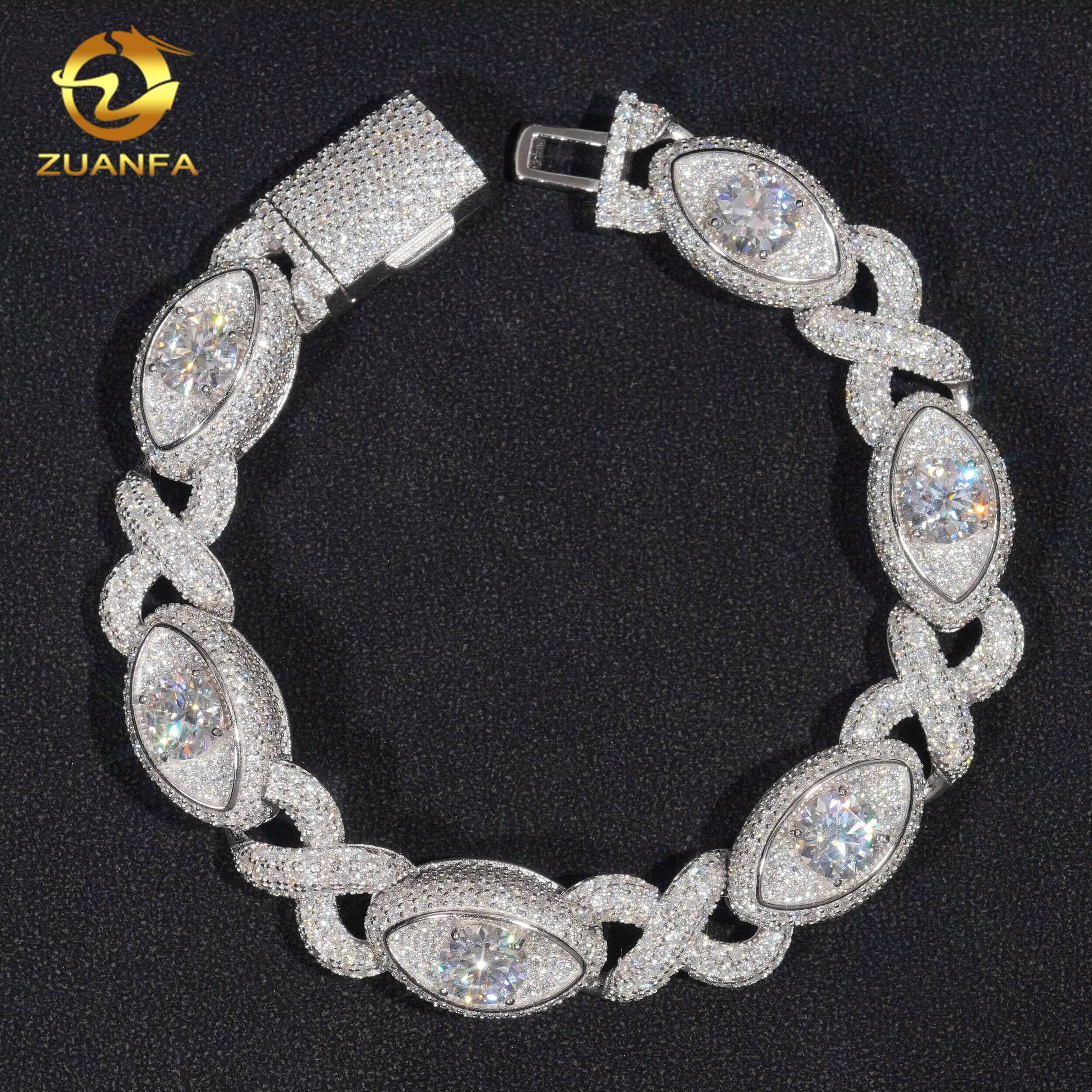 New Trendy Custom 13mm Hip Hop Iced Jewelry 925 Sterling Silver Fully Iced Out VVS1 Moissanite Diamond Evil Eyes Cuban Bracelet