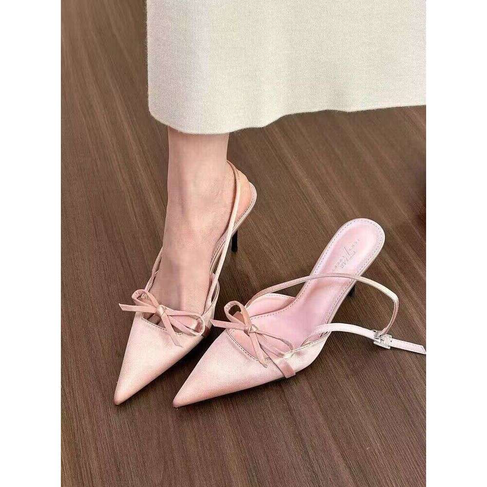 Cool and Gentle Silver Pointed Toe Bowknot Sandals for Women Summer One-Strap Thin Heel High Heels