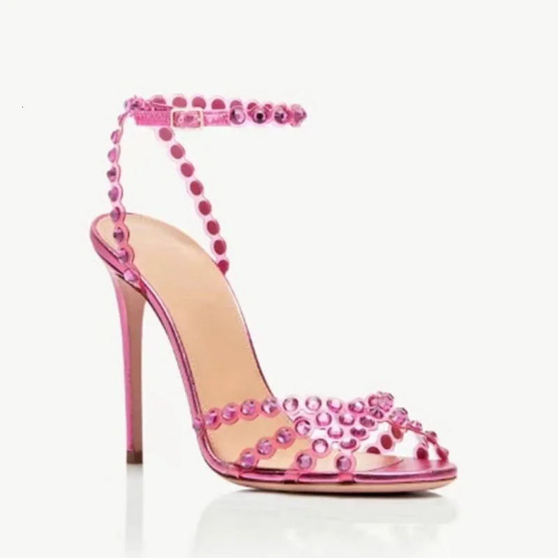 Full Colorful Rhinestones PVC Strap Women Sandals Peep Toe Buckle Belt Sandales Talons Stiletto High Heel Banquet Pumps Female 250905