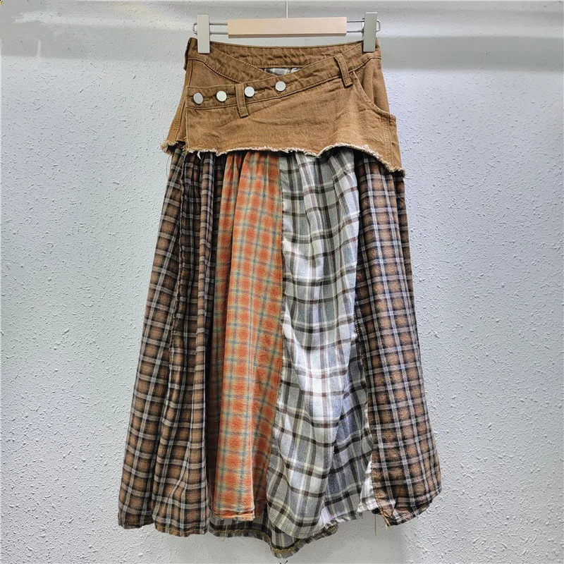 Plaid Spliced Skirts Denim Women Loose Button A Line Skirt Y2k Streetwear High Waist Summer Pockets Street 250905