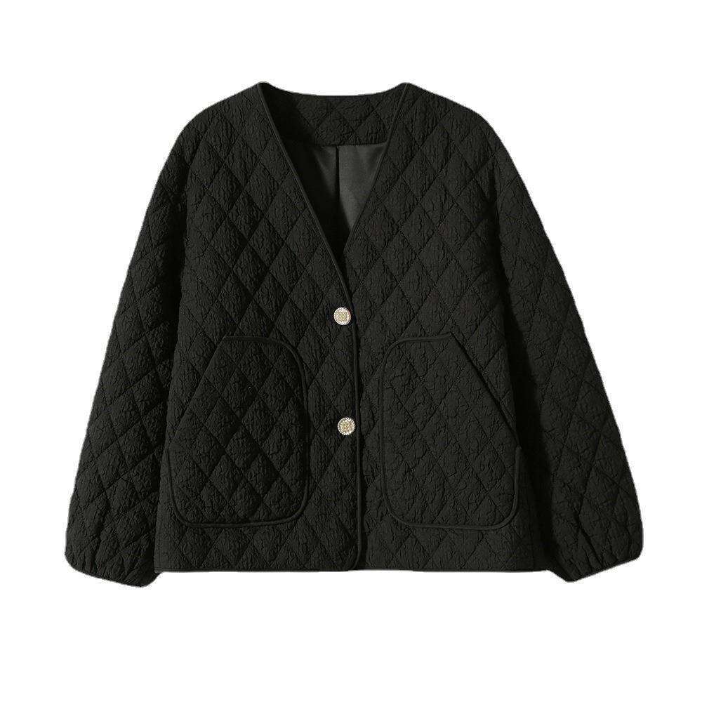 Design Sense Rhombus Lightweight Jacket Autumn Winter Cotton Short Coat Black Women's Clothing B5