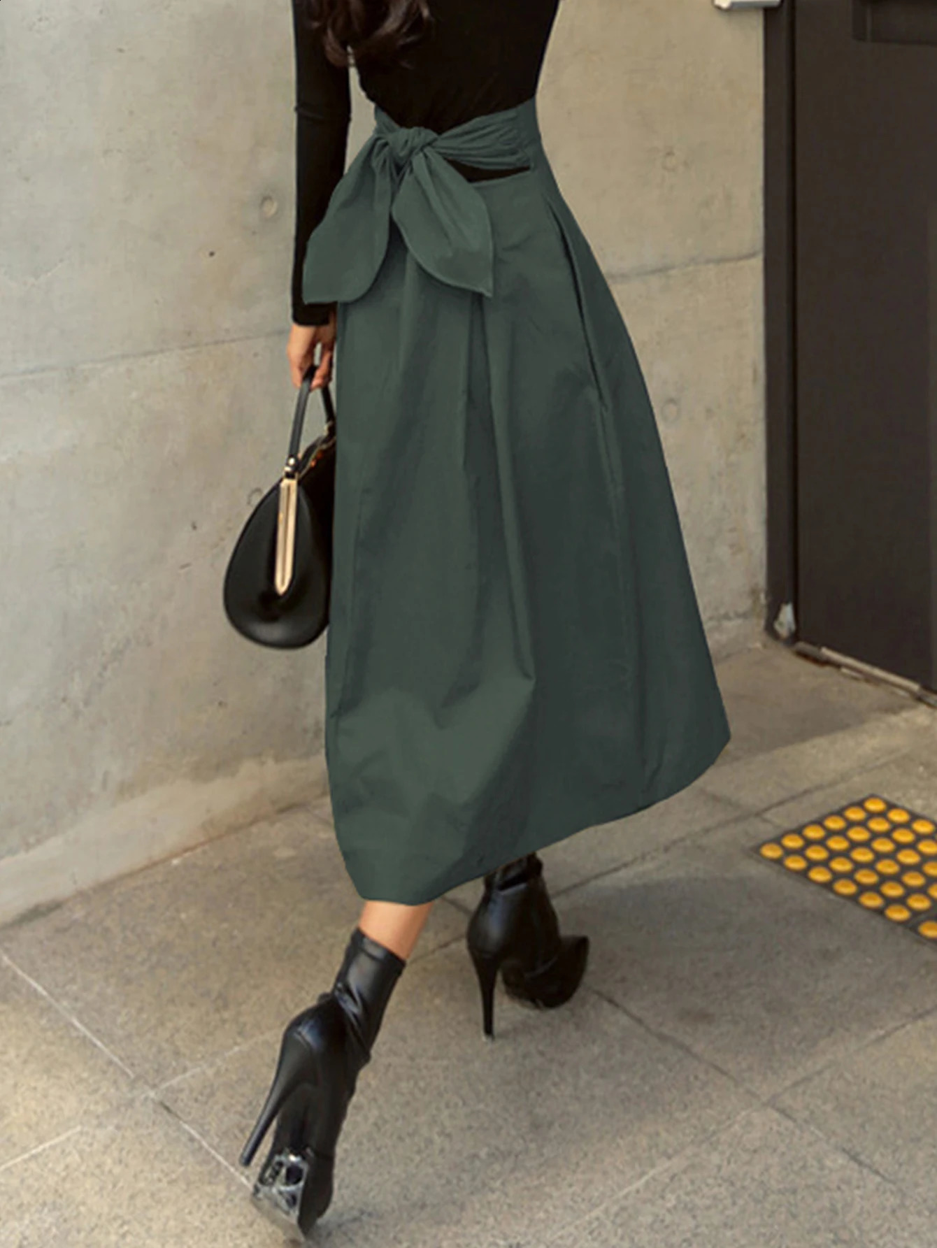 Stylish Solid Aline Skirts for Women Preppy School Style High Elastic Waist Long Skirt With Bow Woman Clothing Womens 250905