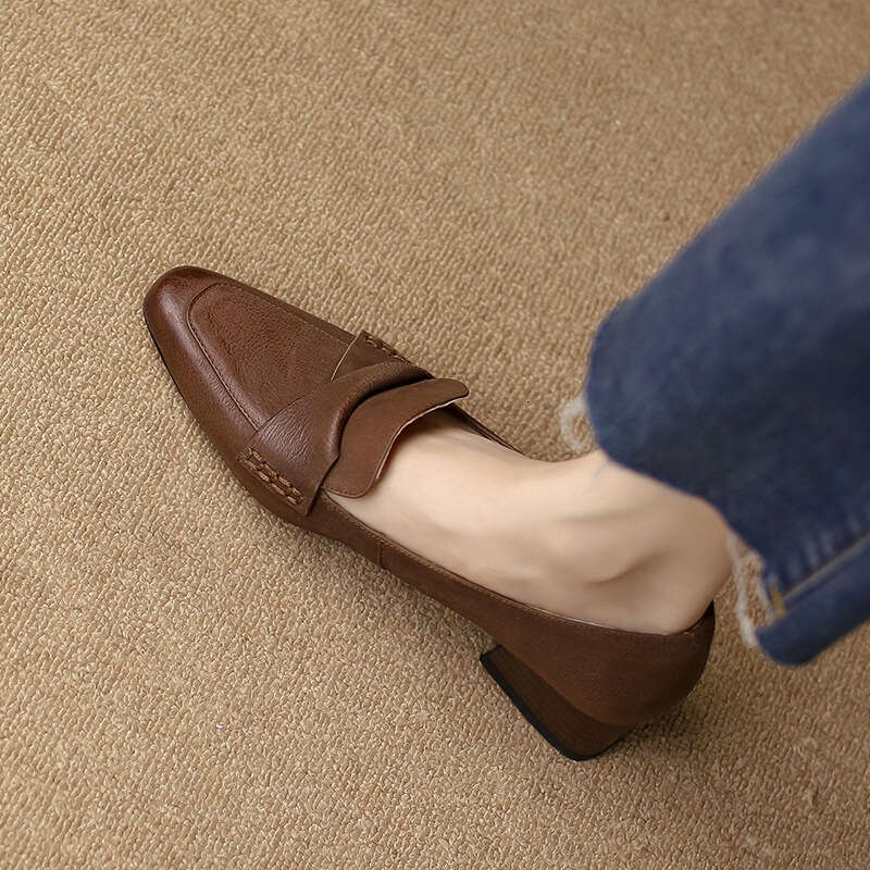 Brown French Style Pointed Toe Chunky Mid Leather Commuter Elegant Low Heel Women's Shoes