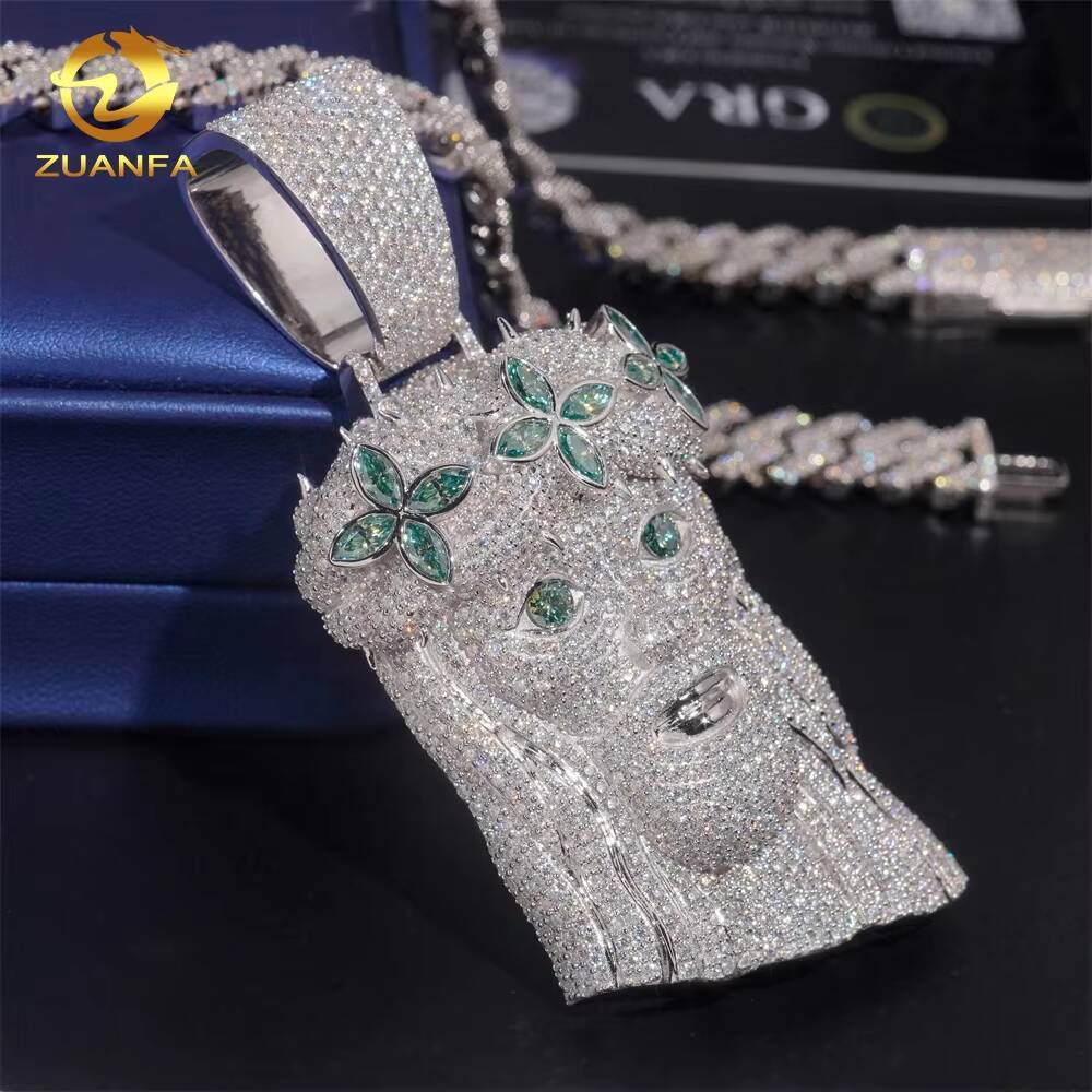 Hip Hop Style Blue Green Diamond Personalized 925 Silver Moissanite Jesus Head Pendant