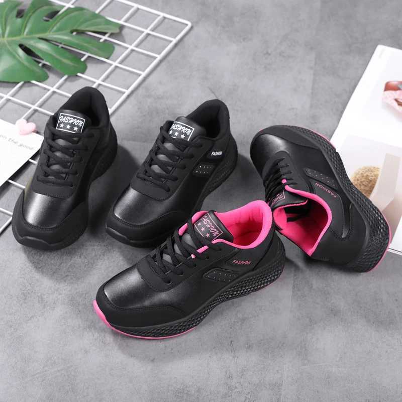 2024 Womens Leather Sneakers Casual Sneakers Lace Up Flats Lightweight Comfortable Black Antislip Running Shoes Outdoor Sports Z250905