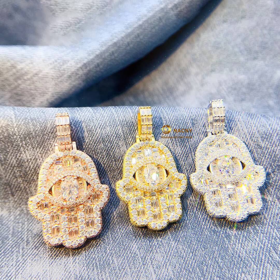Fine Jewelry 925 Sterling Silver Iced Out Vvs Moissanite Diamond Egyptian Eye Hamsa Hand Pendant Necklace for Women