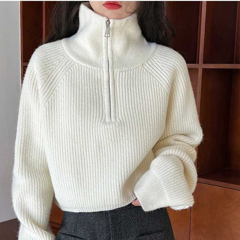 Fashion New Red Semi High Neck Long Sleeved Women Pullover Sweater Autumn Winter Zipper Loose High Waist Thick Short Knitted top Z250905