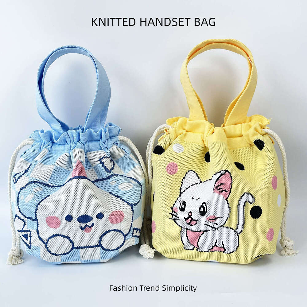 Knitted Bucket for Women with Cartoon Pattern, Cute Handbag, Casual Versatile Drawstring Tote, Underarm Bag, Lunch Bag