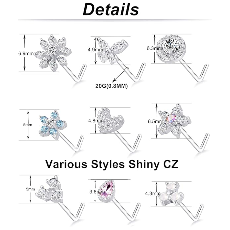 9Pcs Nose Rings Stud L Bone Screw Shaped Nose Ring Flower CZ Snowflake Butterfly Nose Stud Body Piercing Jewelry for Women Men 20G Silver Tone