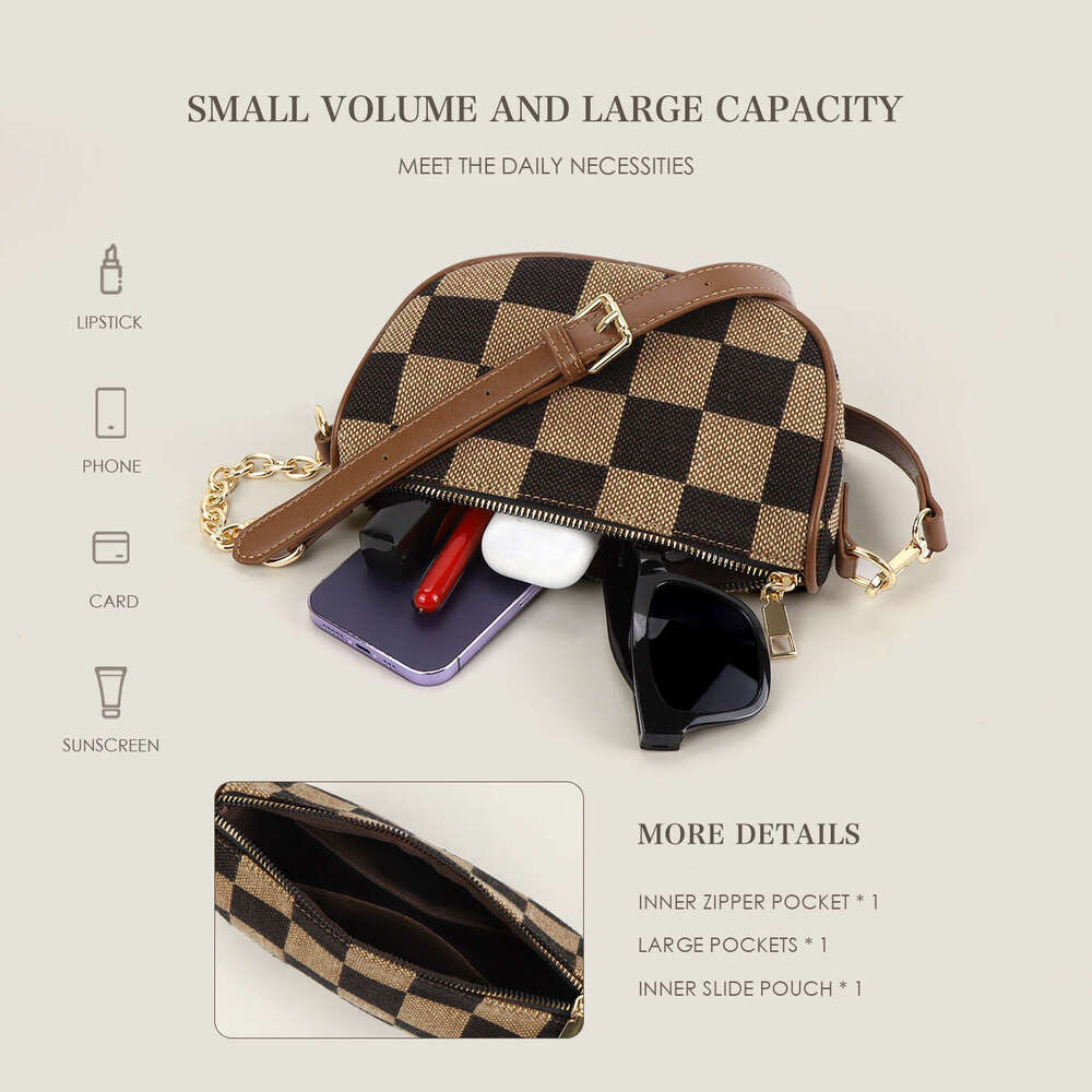 DHEssentials 2025 Checkerboard Chain Canvas Crossbody Bag XL Large Round Casual Travel Bag Brown Black Beige