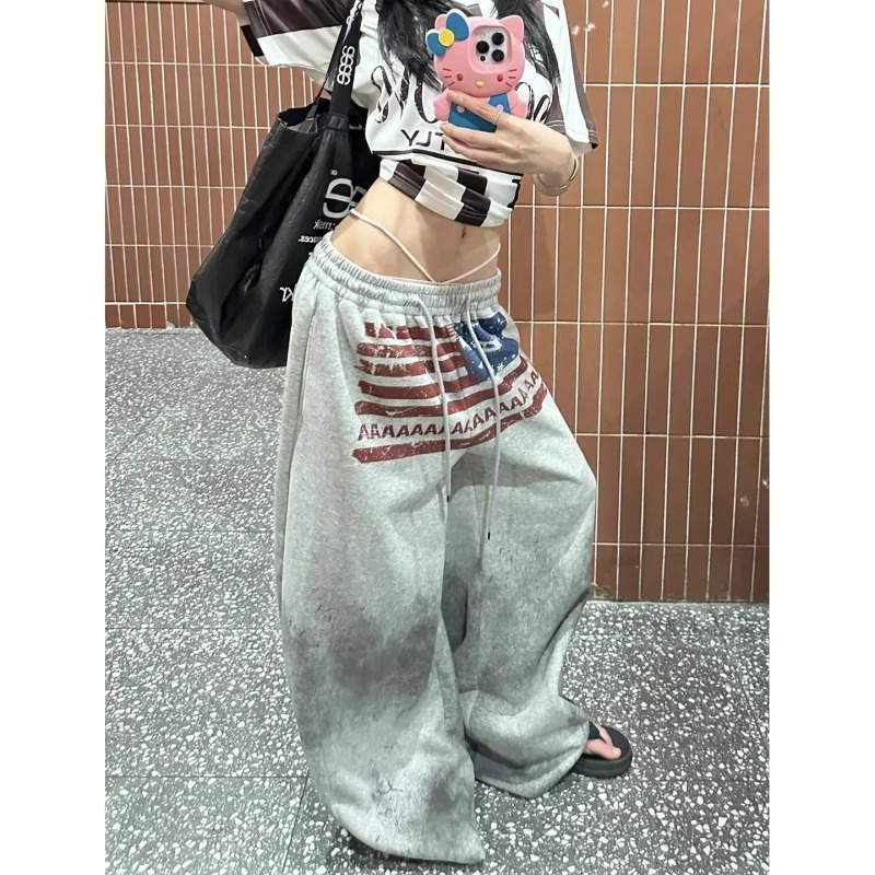 European and American autumn and winter college style casual sports pants lazy and loose slimming and wide leg pants 250905