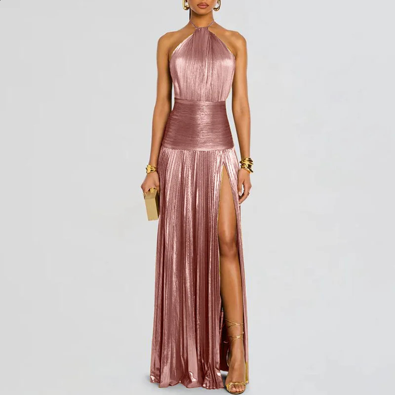 Gold Sexy Halter High Split Gowns Evening Dress Woman Chic Solid Hollow Pleated Long Dress Spring Summer Backless Zip Maxi Dress 250815