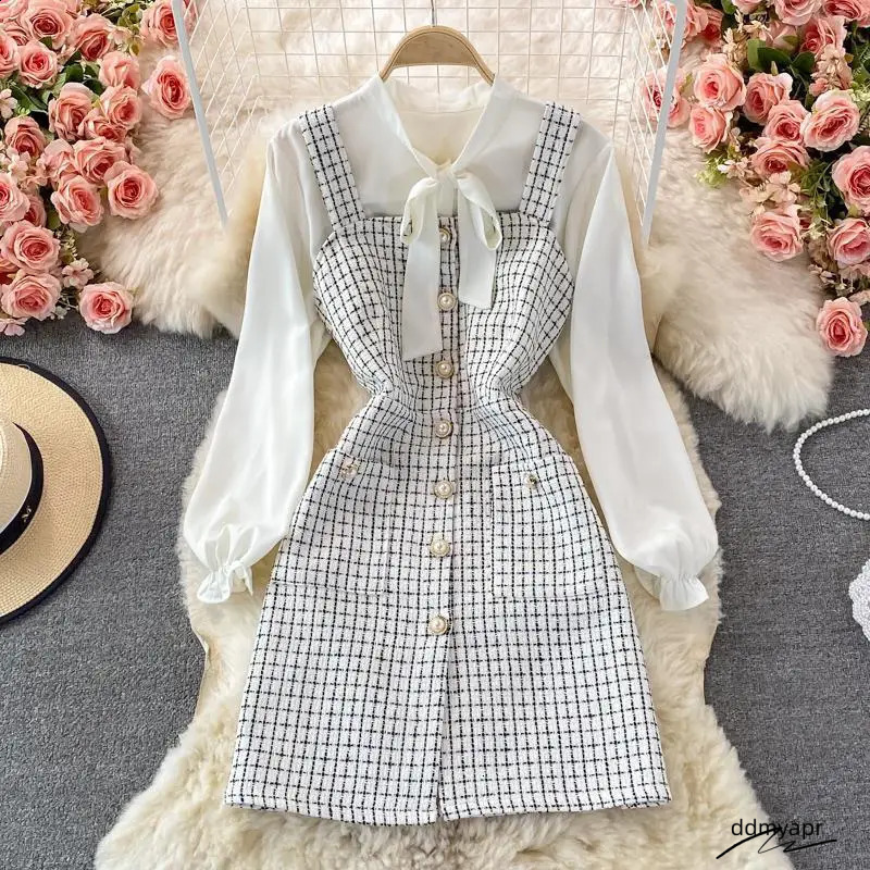 Elegant Chiffon Shirt Tweed Dress Sets Women Long Sleeve Lace Up Bow Shirts Vintage Sling Plaid Dresses Ddmydec Suits Oiffice Lady Y2k 240824