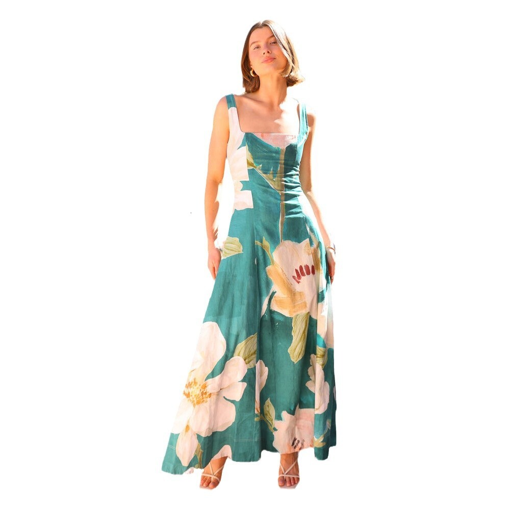 2025 Summer New French Style Long Dress Printed Strap Slimming Dress for Women