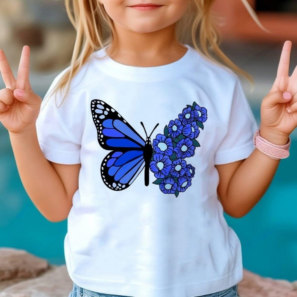 New Butterfly Print Pattern Combed Cotton Girls' T-Shirt Summer Children's Clothing Short-Sleeve Kids' Fashion T-Shirt - VT2980