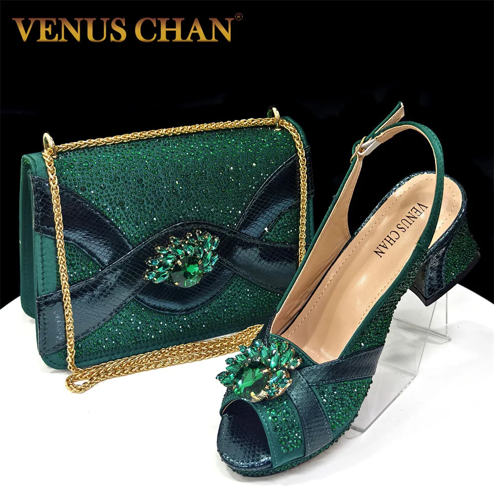 Elegant Green PeepToe Heel Pumps for Women with Diamond Accents Italian Matching Shoes and Bags Set Parties 250905