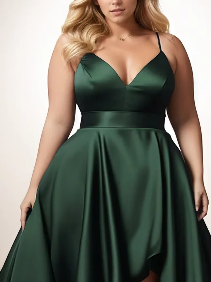 Women Plus Size Wedding Guest Evening Dress Spaghetti Strap Dark Green Satin Deep V Neck High Low Hem Elegant Cami Maxi 250905