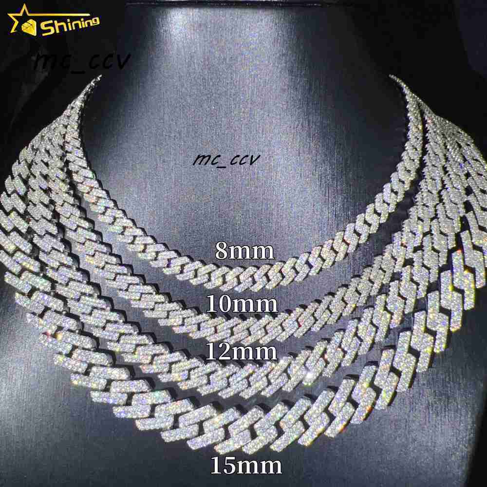 Iced Out Vvs Moissanite 2 Rows Miami Gold Cuban Chain Necklace 925 Sterling Silver Diamond Moissanite Cuban Link Chain