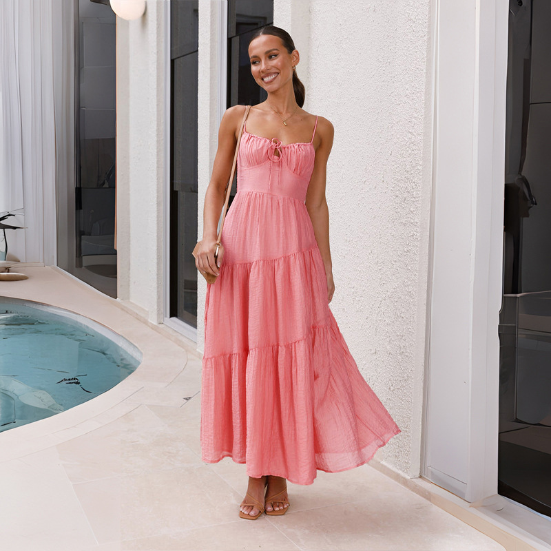 Womens New 2024 Patchwork Strap Long Backless Tie Large Swing Dress with Lining