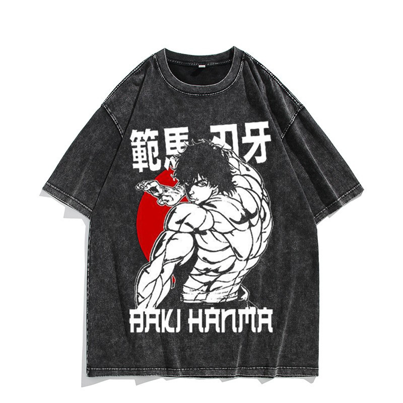 European & American Washed Vintage Short-Sleeve T-Shirt Anime Baki Hanma American High-Street Top - TT8295