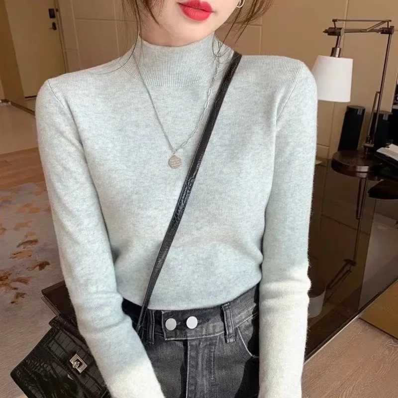 Womens Knitted Long Sleeve Sweater Half High Collar Slim Fit Inner Wear Base Shirt Fashionable Autumn Winter New Style Top Z250905