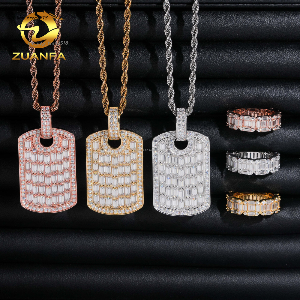 Drop Shipping Luxury Jewelry Hip Hop Pendant 925 Silver Vvs Baguette Moissanite Diamond Tag Pendant Band Ring Set With GRA