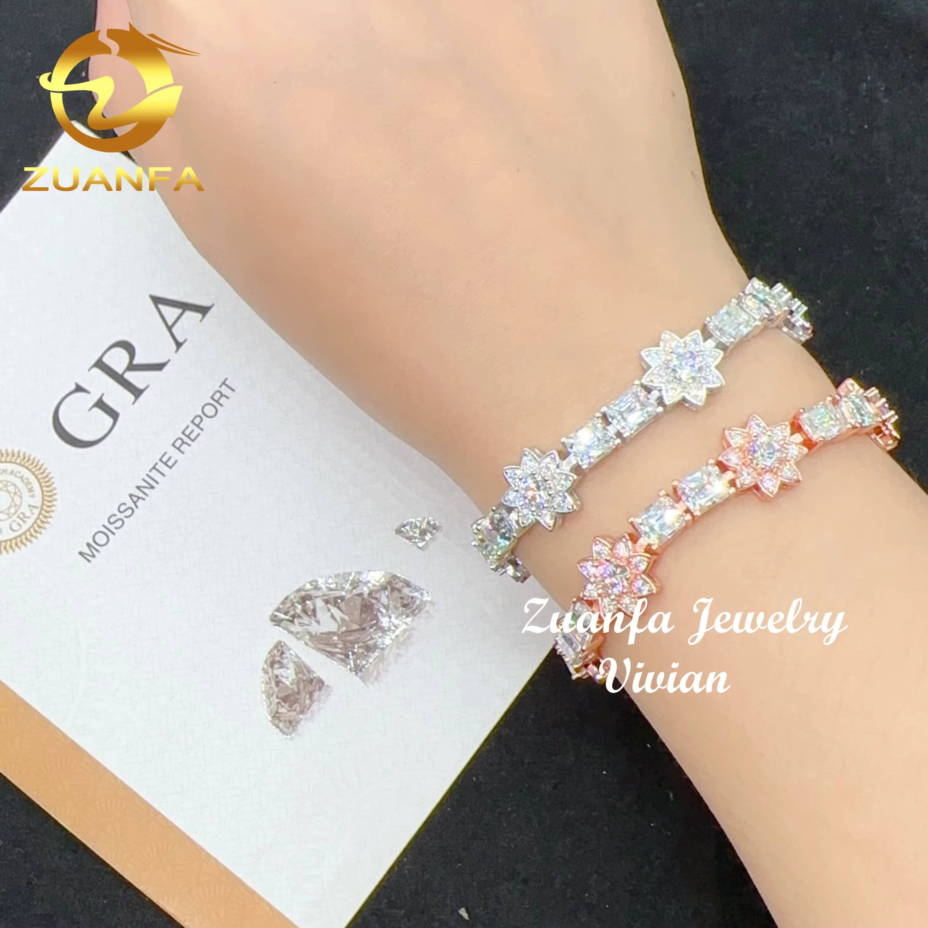 Emerald Cut Lab Diamond Tennis Chain Silver 925 Vvs Moissanite Flower Bracelet Iced Out Hip Hop Jewelry Tennis Bracelet