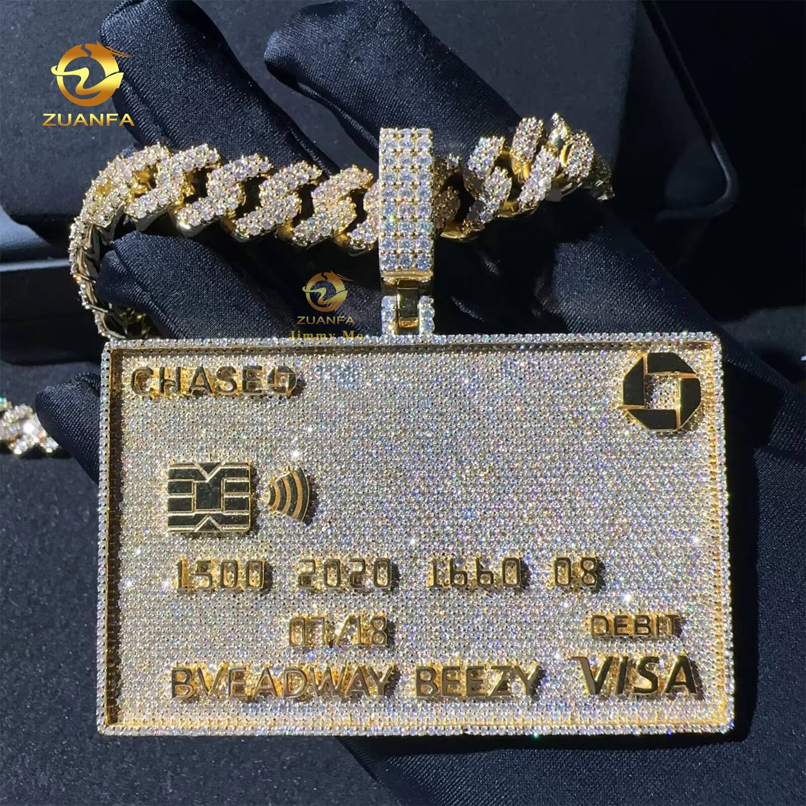 Sparkle Rapper Jewelry 3 Iced Out 3D Fully Jewelry Solid Silver Yellow Gold Plated Moissanite Diamond Credit Card Pendant Set