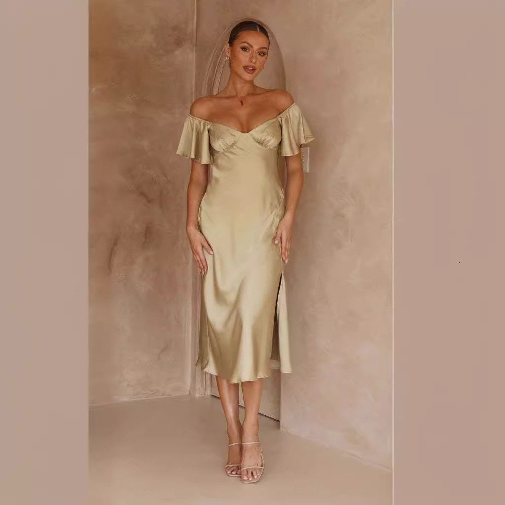 2025 Summer Womens New Style Elegant Solid Color VNeck Sexy HighWaisted Dress