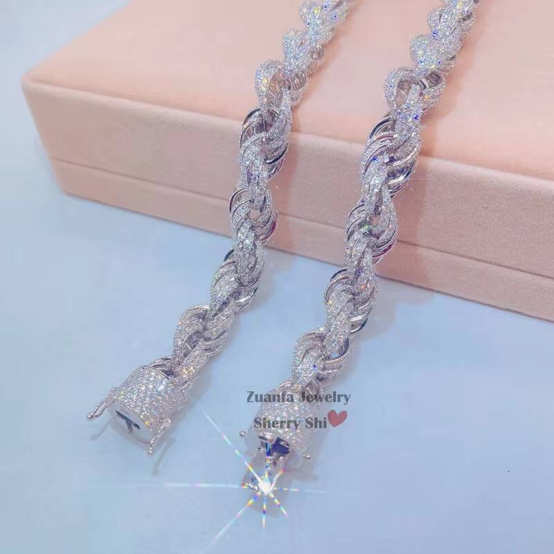 Drop Shipping Rose Gold 925 Silver 15mm Micro Pave Vvs Moissanite Diamond Rope Chain