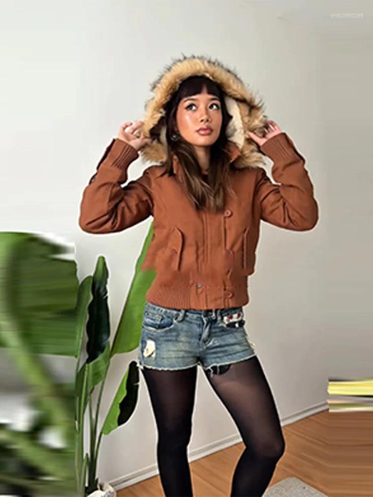 Women's Jackets Fashion Fluffy Hooded Coat Slimming And Sexy Brown Series Street Chic Zipper Single Breasted Long Sleeve Female Coats 2025 Autumn