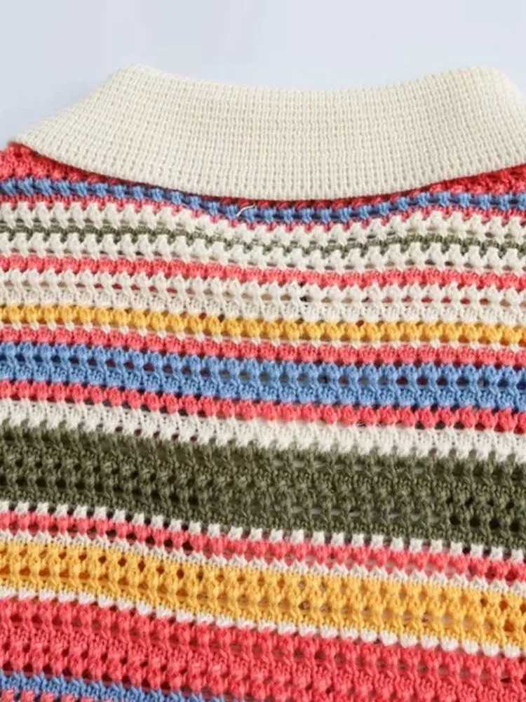 TRZAWomens Striped Crochet Knit Crop Sweater Collar Short SLeeve Buttonup Female Outerwear Chic Tops Fashion Z250905