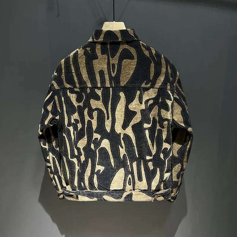 High-End American Loose Casual Leopard Print Denim Jaet Men's Haome INS Workwear ket Autumn Sle Cotton Polyes...