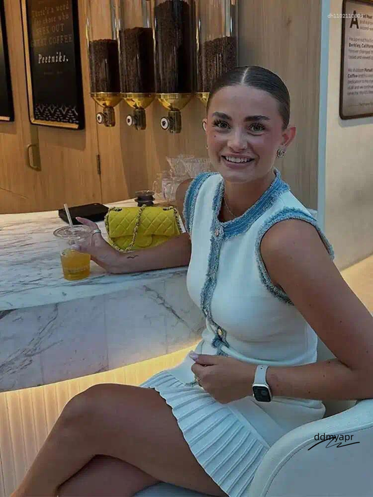 ddmydec Casual Dresses Women Elegant Pleated Patchwork Knitted Mini Dress Lady Round Neck Sleeveless Single Breasted Fashion Vestido