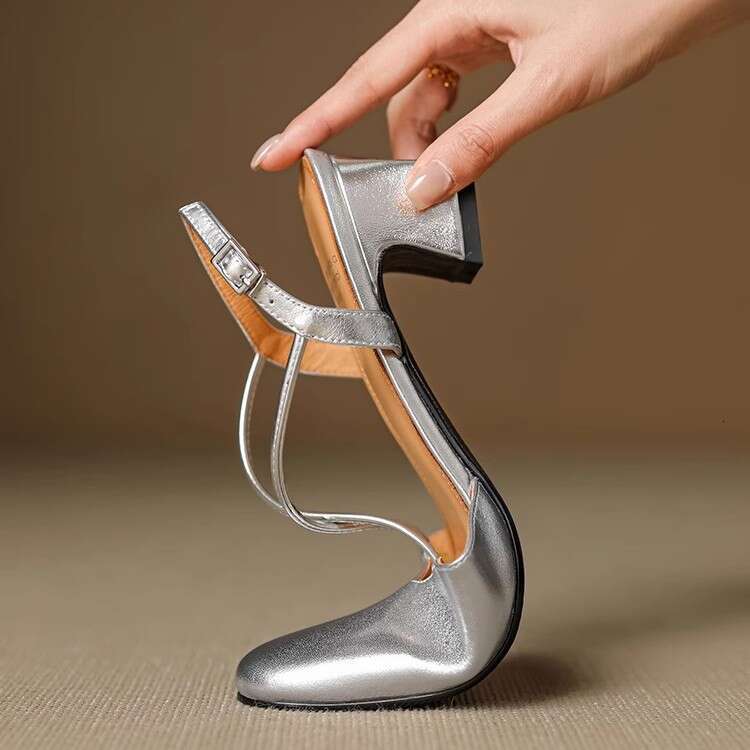 5cm Thick Genuine Leather Cross Strap Closed-Toe Sandals for Women Summer Elegant Backless Silver High Heel Mary Jane Shoes