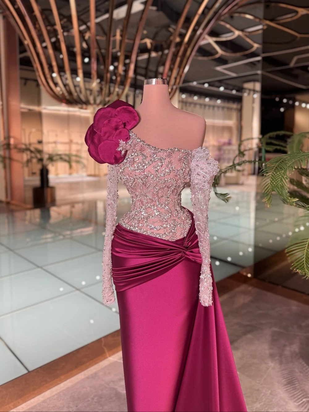 Unique Evening Dresses Crystal Beading Prom Dress Long Sleeve Side Train Off Shoulder Mermaid Slim Princess Party Gowns Vestidos De Noche Plus Size