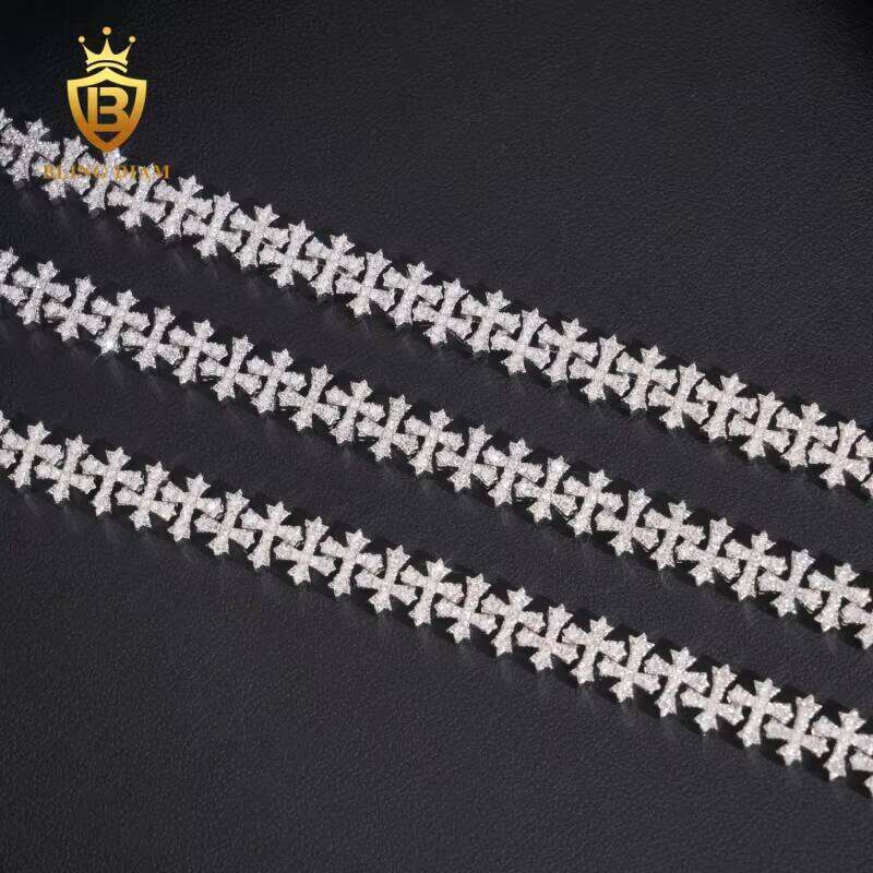 Fashion 8.5mm Cuban Chain Pass Tester VVS Moissanite Cross Necklace Sterling Sier Past Dia Test GRA