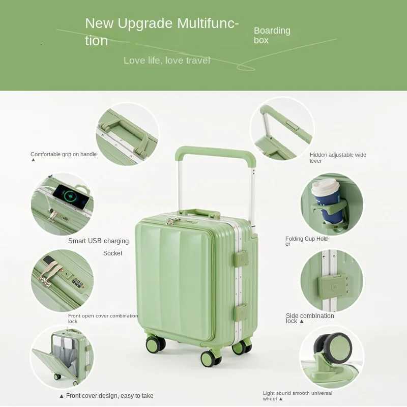 Frontopening Luggage Case 1820 inches Small Lightweight Carryon Suitcase Multifunctional Aluminum Frame Trolley Suitcase Z250905