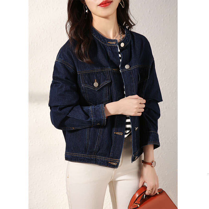 Round Neck Workwear Jacket Early Spring Women's Fashion New Short Blue Denim Top B5