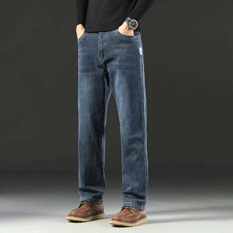 2025 Spring Splicing Mens Jeans Loose Straight Trousers High Waist Stretch Blended Cotton Washed Denim Pants Brand Clothes W250905