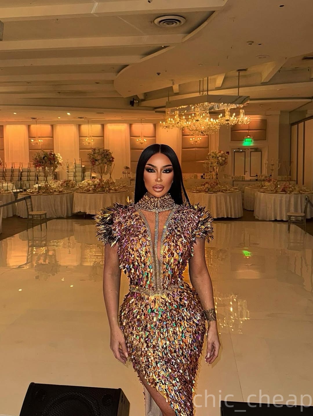 Aso Ebi Gold Sheath Prom Dresses 2025 Sequined Crystals High Split Evening Formal Party Second Birthday Engagement Gowns Plus Size Dress For Special O