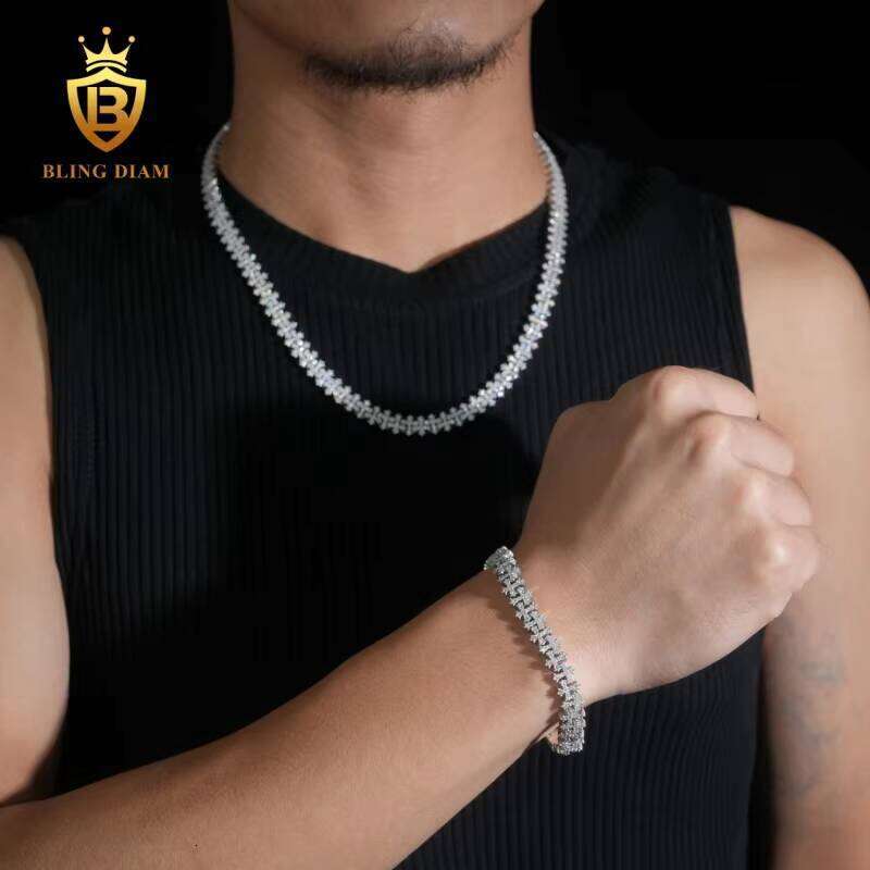 Fashion 8.5mm Cuban Chain Pass Tester VVS Moissanite Cross Necklace Sterling Sier Past Dia Test GRA