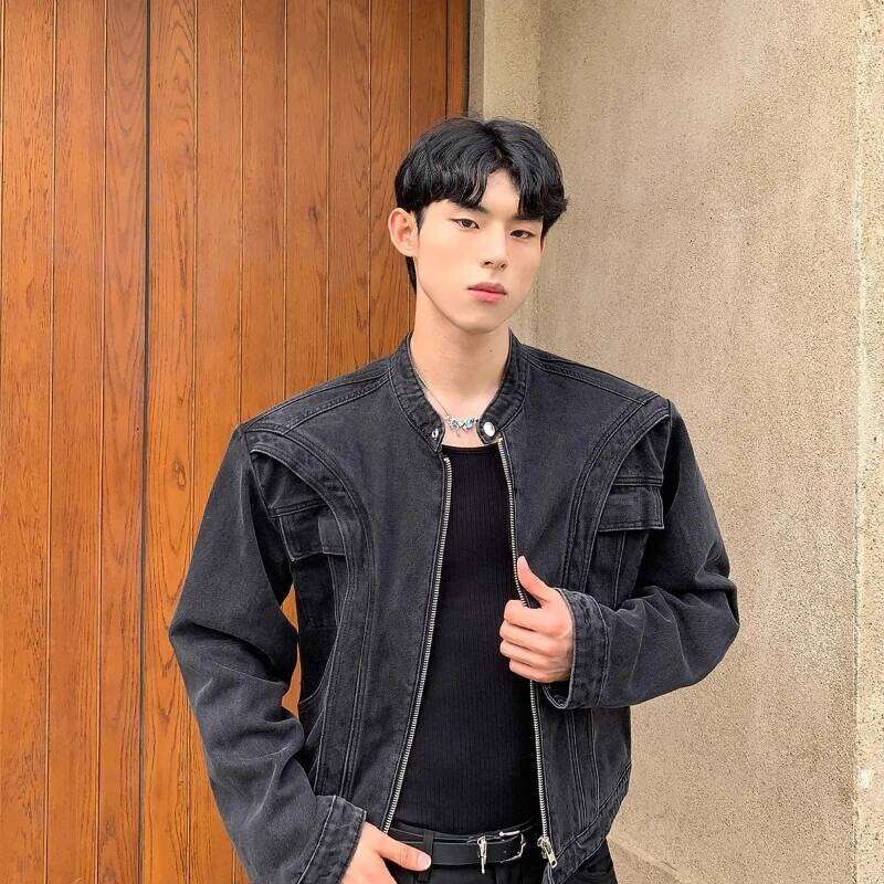 American Short Denim Jacket Mens Shoulder Pad Fashion Hip-hop Zipper Coats Deconstructing Design High Street Trendy Outwear