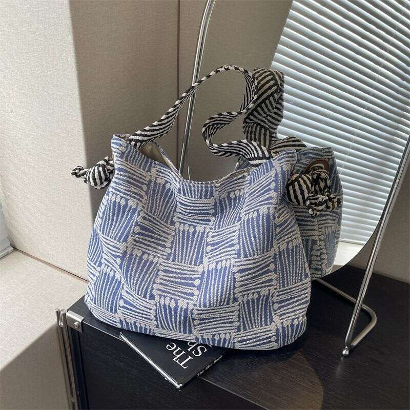 Underarm Forest Style Canvas Trendy Striped Shoulder Office Commute Large Capacity Women's Shopping Bag