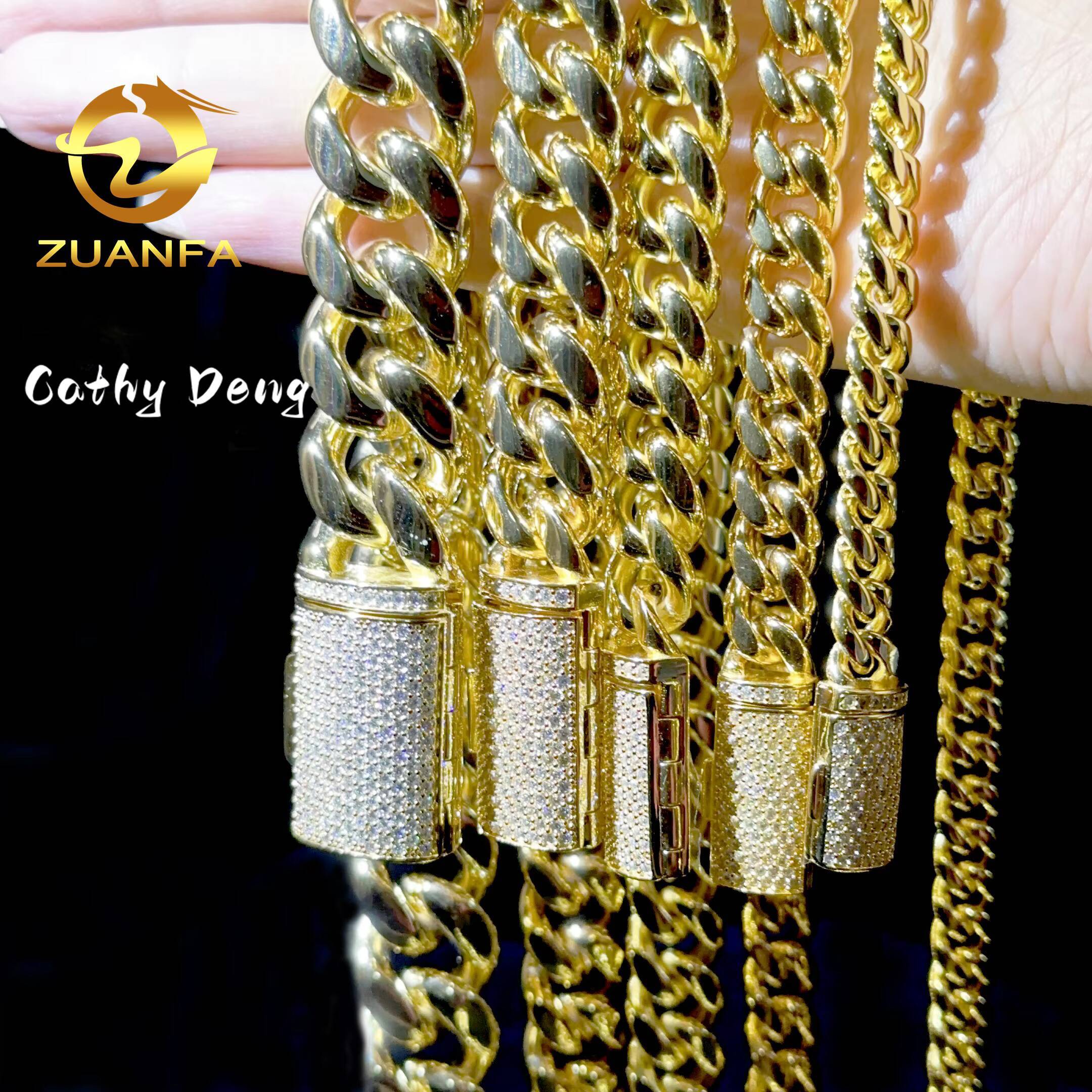 Instock Hip Hop 8mm 10mm 12mm 14mm 18mm 316LStainless Steel Cuban Chain With 925 Silver Moissanite Clasp Cuban Necklace Bracelet