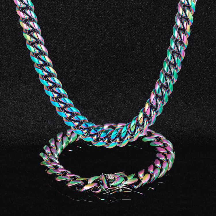 GZYS JEWELRY Wholesale High Quality Custom Colored Multi Gold Plated Stainless Steel Cuban Link Chain Necklace Set