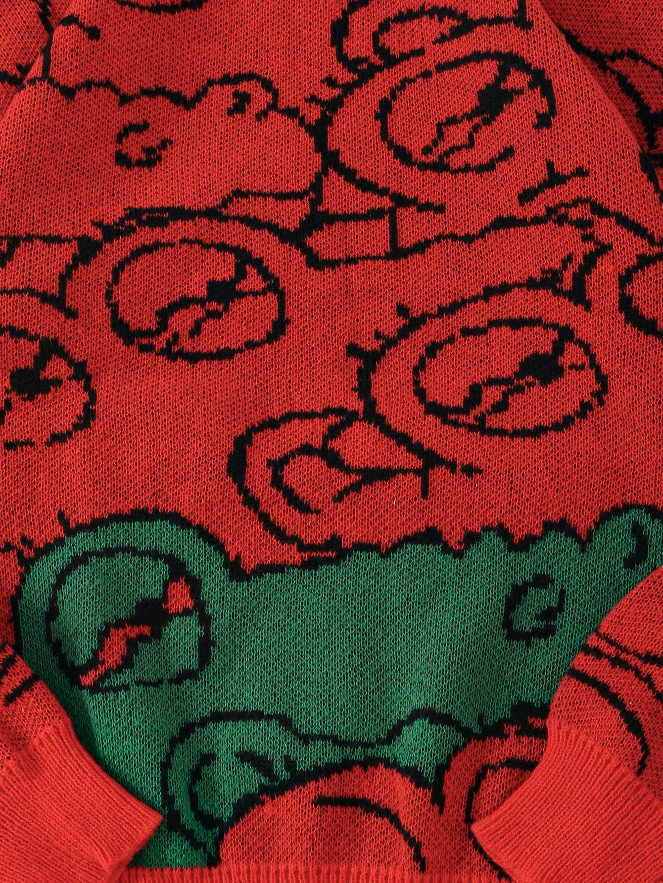 New Cartoon Crocodile Cute Pullover Sweater Casual Round Neck Contrast Color Knitted Mens Pullover Z250905