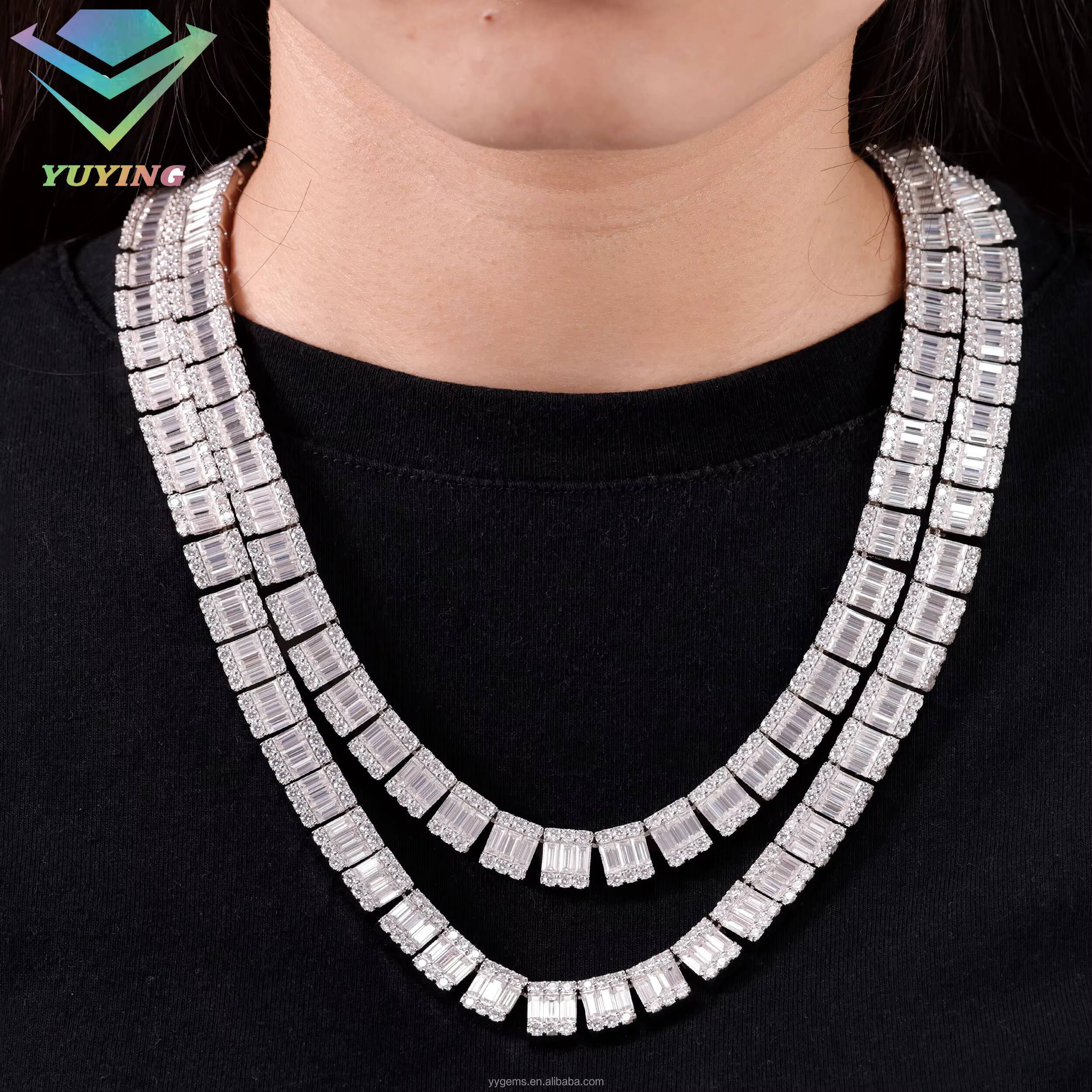 VVS Baguette Diamond S925 Silver GRA Moissanite 18k Gold Plated Necklace Hiphop Cuban Link Chain for Fashion Jewelry