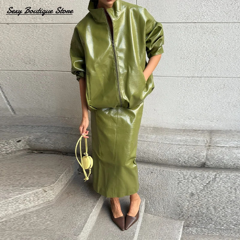 Pu Leather Jacket Skirt Sets Stand Collar Loose Coat Low Waist Solid Long Autumn Coats Lady Outfits 250905